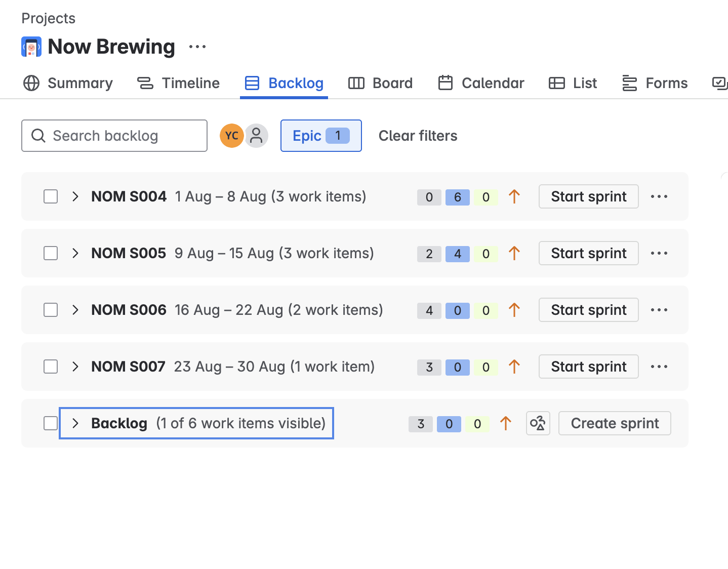 JIRA board showing organized tickets and epics for the recipe app project